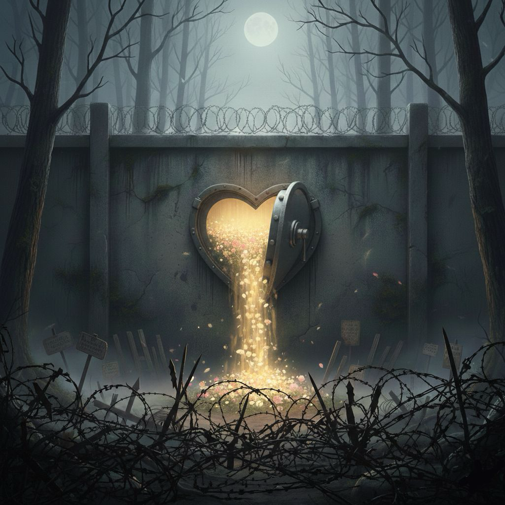 A bleak scene in a dead forest with a prison wall cutting 
                             across the view. In the foreground lies barbed wire strewn 
                             across the ground. The prison wall is inset with an open 
                             heart-shaped vault door. The door is open and brightly 
                             lit gold nuggets spill out of the vault providing a rich 
                             contrast to the bleakness of the forst.